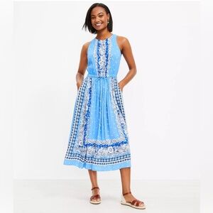 LOFT Border Print Blue Cutout Back Sleeveless Midi Pocket Dress